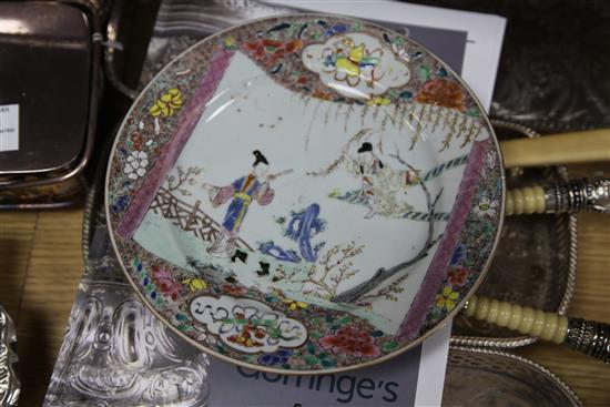 Two Chinese export famille rose shell dishes, a similar plate and two Spode stone china plates